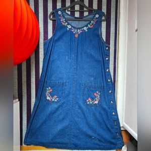 Embroidered denim pinafore dress